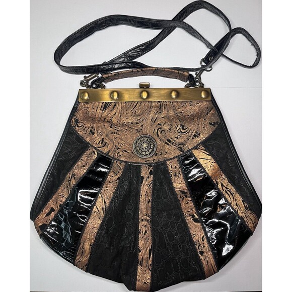 Leather Two Toned Handbag Brown Gold Satchel Crossbody Leather Cork Bag - Picture 9 of 9